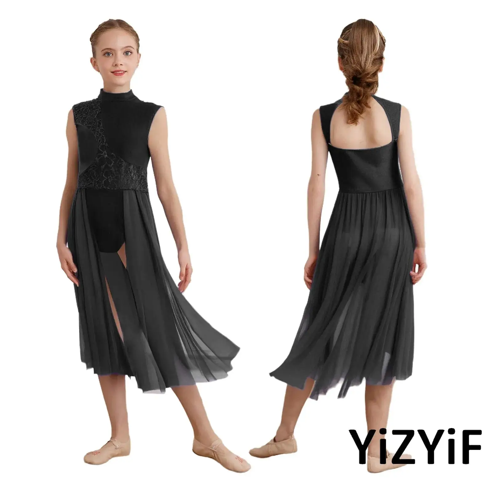 

Kids Girls Floral Lace Modern Lyrical Dance Dresses Mock Neck Cutout Back Sleeveless Leotard Dress for Latin Ballroom Dance Show