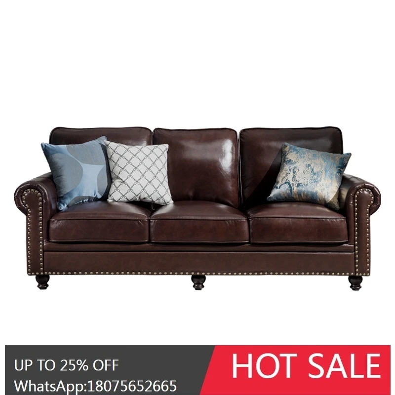 SGF Solid Wood Genuine Leather Sofa Set French Retro Single Double Three-Seater