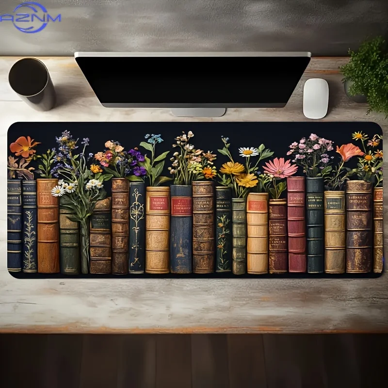 1pc Large-sized Esports Gaming Mouse Pad with a Combination Pattern of Old Books and Wildflowers, Featuring a Rubber Base. This