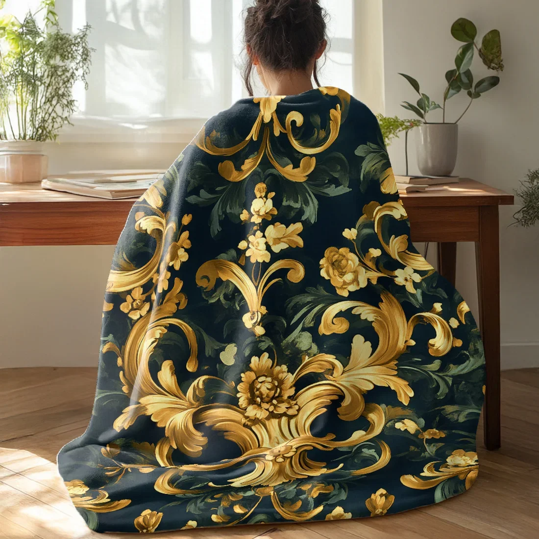 

```Opulent Golden Flowers``` Throw Blankets Warm Soft Plush Knee Blanket For Winter Office Bedroom Sofa Travel Gifts Home Decor