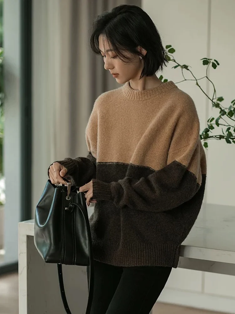 100% pure cashmere Joker color matching round neck sweater in autumn and winter