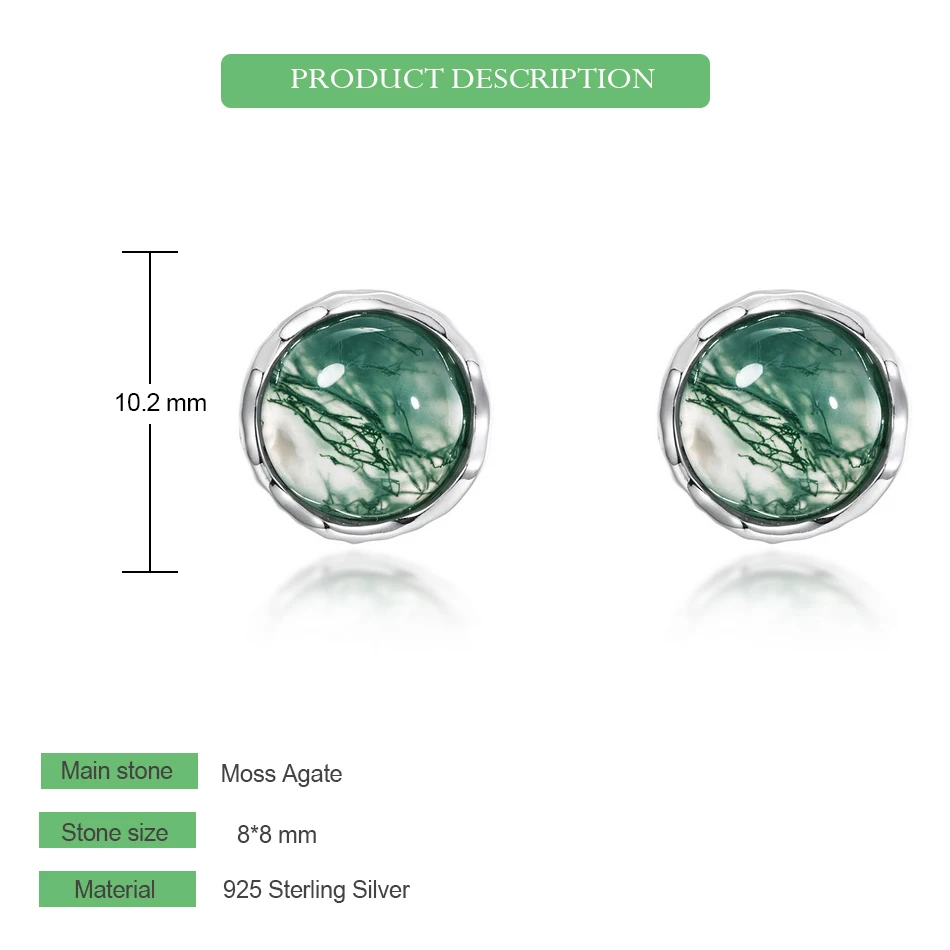 WES 925 Sterling Silver Stud Earrings for Woman Natural Moss Agate 8*8mm Fashion Valentine Anniversary Gift Certified Jewelry