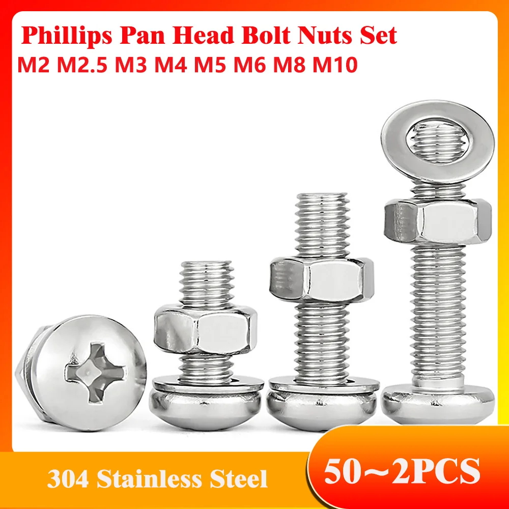 M2~M10 304 Stainless Steel Phillips Pan Head Bolt Nuts Set Round Flat Cap Head Bolt Washer Assortment Kit