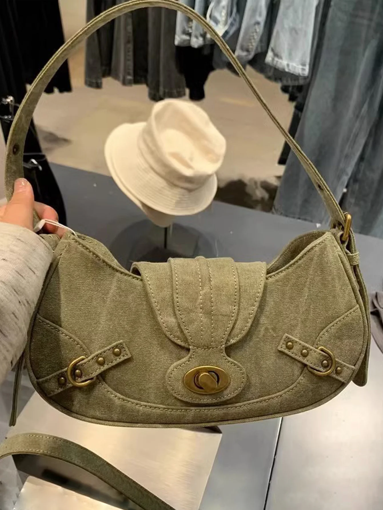 American retro military green patchwork armpit bag 2024 summer new trendy and versatile spicy girl bag handbag