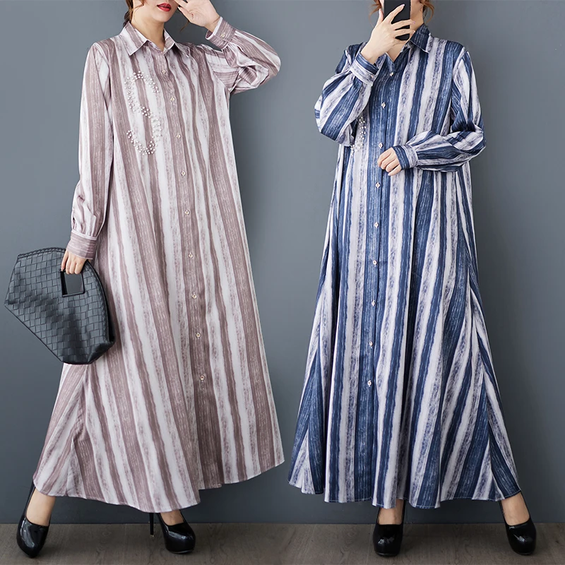 2025 Spring New Fashion Stripe Printed Elegant Dress For Women Polo Collar Long Sleeve Diamond Niche Loose Casual Dress