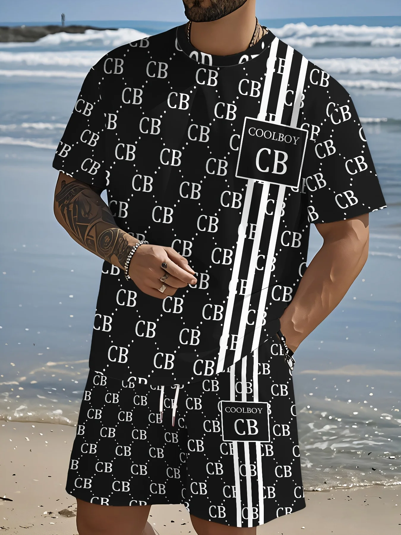 

Summer Hot Selling Men's 3D Printed Polyester Short Sleeved Shorts Set, Fashionable Casual Breathable Set, Daily Wear