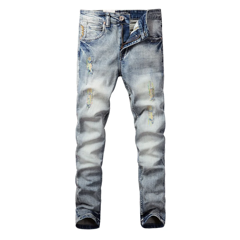 Fashion Vintage Men Jeans Retro Light Gray Blue Stretch Slim Ripped Jeans Men Elastic Trousers Embroidery Designer Pants Hombre