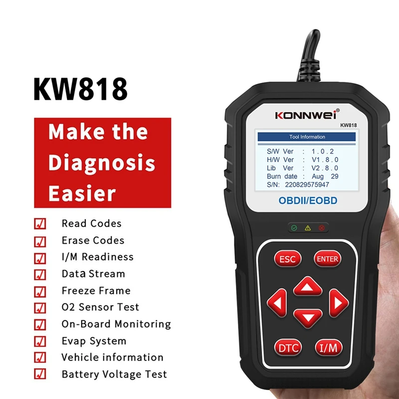 Konnwei KW818 OBD2 Scanner 12V Car Diagnostic Instrument Engine Diagnostic Scanner Tool