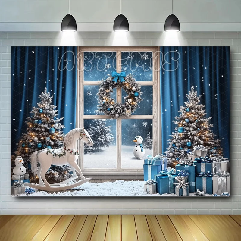 Christmas Backdrop White Winter Trees Wreath Presents Rocking Horse Snowman Blue Curtain Night Background Photo Studio Photocall