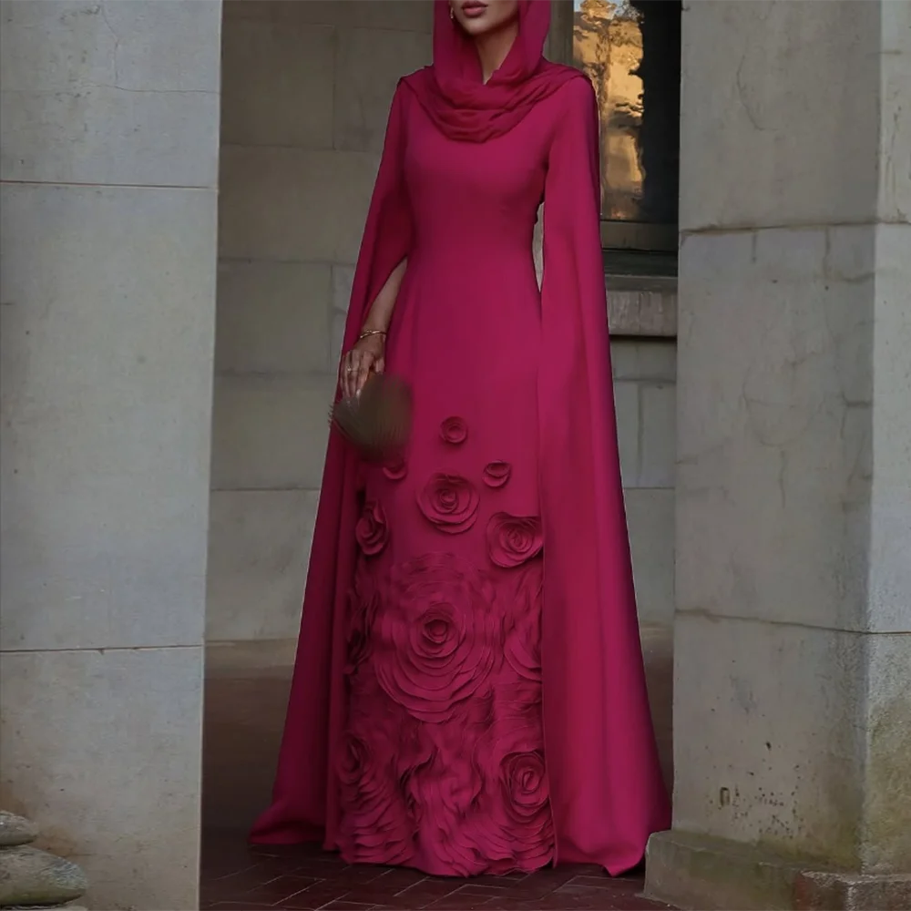 Customized O-Neck Evening Dresses Full Sleeve 3D Flowers Appliques A-Line Prom Gown Simple Long Saudi Floor-Length Party Dress