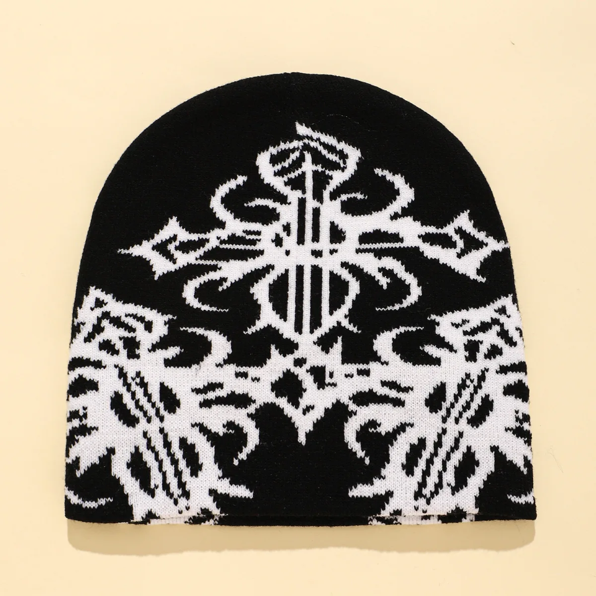 Y2K Beanie Gothic Jacquard Pattern Soft Acrylic Knitted Hat Men Women Casual Skullies Outdoor