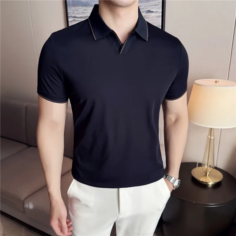 

Men Polo Shirt Short Sleeved Summer Ice Silk Light Thin Soft Solid Casual Elastic Slim Fit T-shirt Daily Wear Streetwear Top