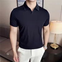 Camisa Polo de manga corta para hombre, camiseta ajustada elástica informal, ligera, fina, suave, de seda helada, para uso diario, ropa de calle
