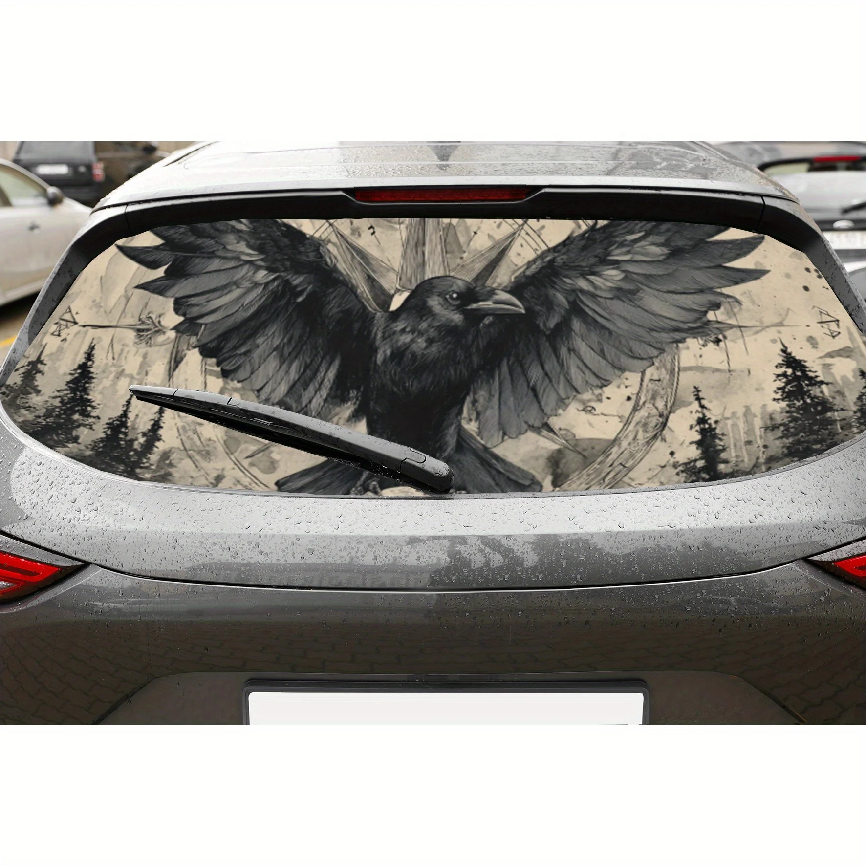 

Dark Raven & Mystic Symbols Print PVC Perforated Car Vinyl Wraps, Durable Car Rear Windshield Sticker, Waterproof Car Rear Windo