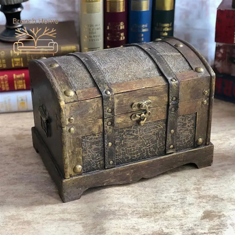Wooden Retro Pirate treasure chest bank Gold Distinctive Collectibles Boxative box with lock ,Coin, banknote storage box