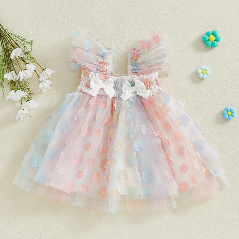 Toddler Girls Dress Flower Embellished Fly Sleeve Casual Dress Baby Summer Princess Dress