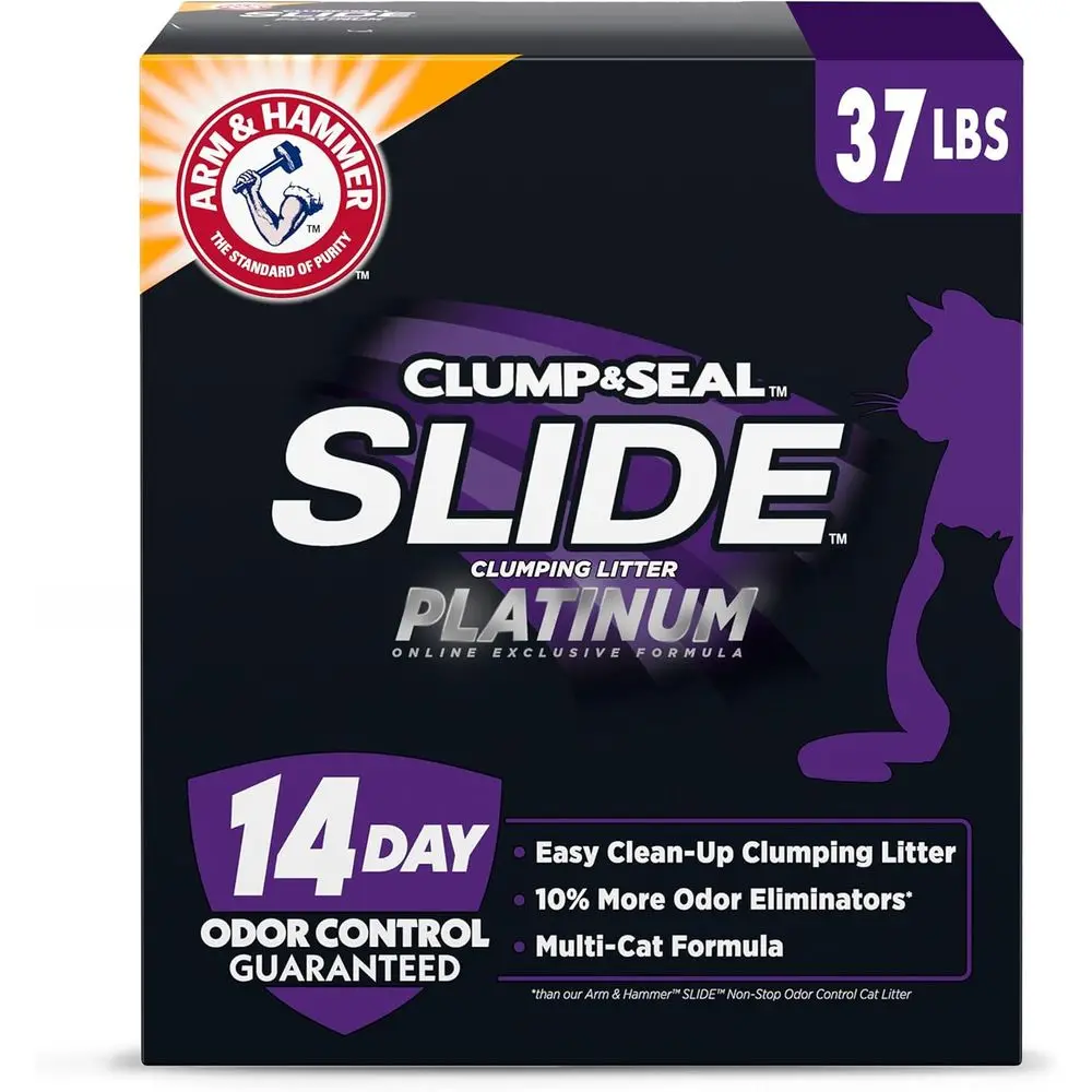 

Clump & Seal SLIDE Platinum Multi-Cat Комкующийся наполнитель для кошачьего туалета, контроль запаха до 14 дней, технология EZ Clean, 37 фунтов – без необходимости чистки, мощное средство