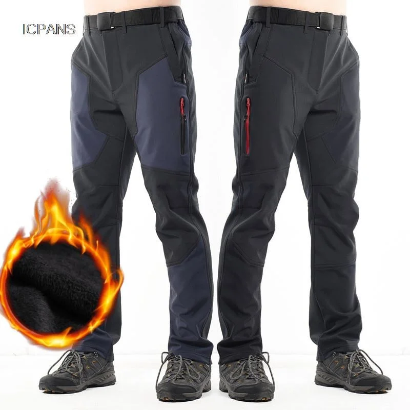 

Warm Fleece Winter Men Pants Black Waterproof Camping Hiking Thicken Zipper Pockets Cargo Work Military Tactical Trousers