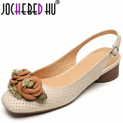 【JOCHEBED hu】 damskie markowe sandały oryginalne skórzany kwiat buty letnie Slingback na niskim obcasie casualowe sandały imprezowe rozmiar 33-40