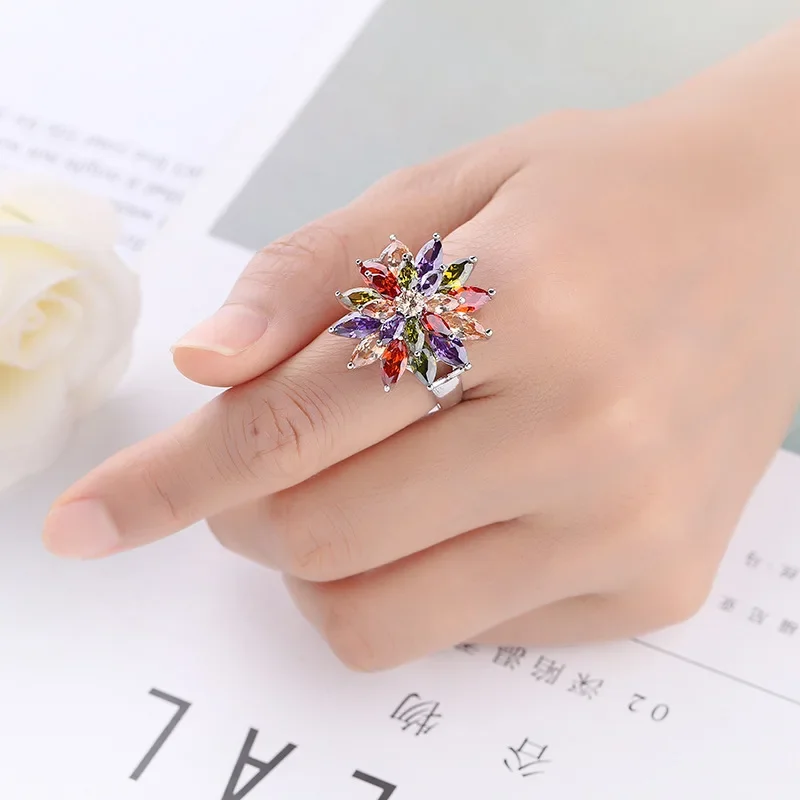 SODROV Luxury Exaggerated Crystal Rainbow Jewelry Rings for Women Engagement Wedding Colorful Zircon Flower Ring