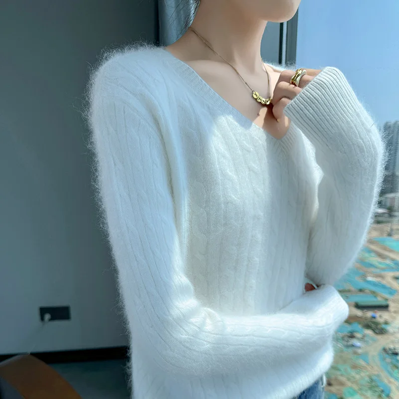 

Простой стильный свитер из 100% норки и кашемира, осенне-зимний пуловер с v-образным вырезом, женский трикотаж с длинными рукавами, элегантная одежда, топы