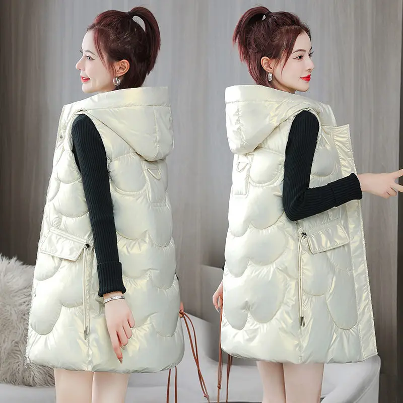 

Hooded Shiny Down Cotton Vest Ladies Mid-Length Loose Trendy Women Winter Waistcoat Quilted Jacket Korean Sleeveless Coat T549