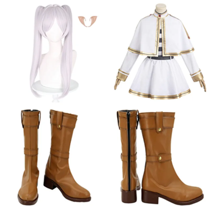 Disfraz de Anime Fantasia Frieren para mujer adulta, falda, cinturón, zapatos, botas, peluca, trajes de oreja, traje de fiesta de Carnaval de Halloween