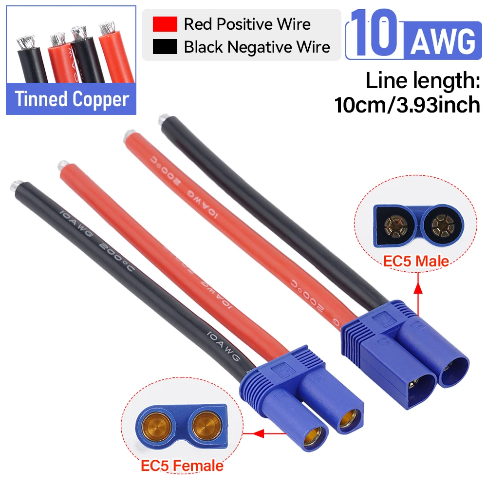 10AWG EC5 Kabel Daya Awal Pria/Wanita 10Cm Kawat Tembaga Kaleng Silikon Model Kawat Sambungan Pesawat Arus Tinggi