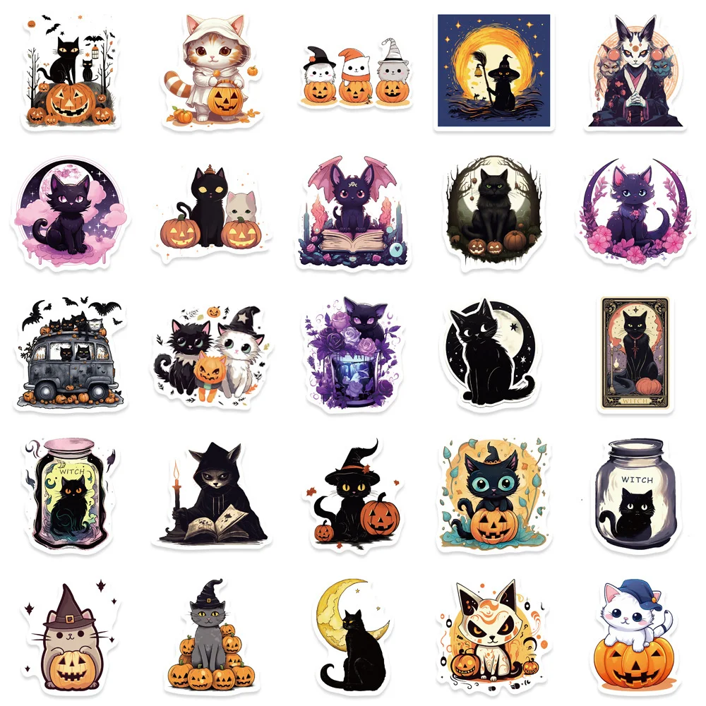 50pcs Halloween Cute Cat Stickers Pack Suitcase Ipad Phone Laptop DIY Sticker Vintage Journaling Materials Journal Accessories