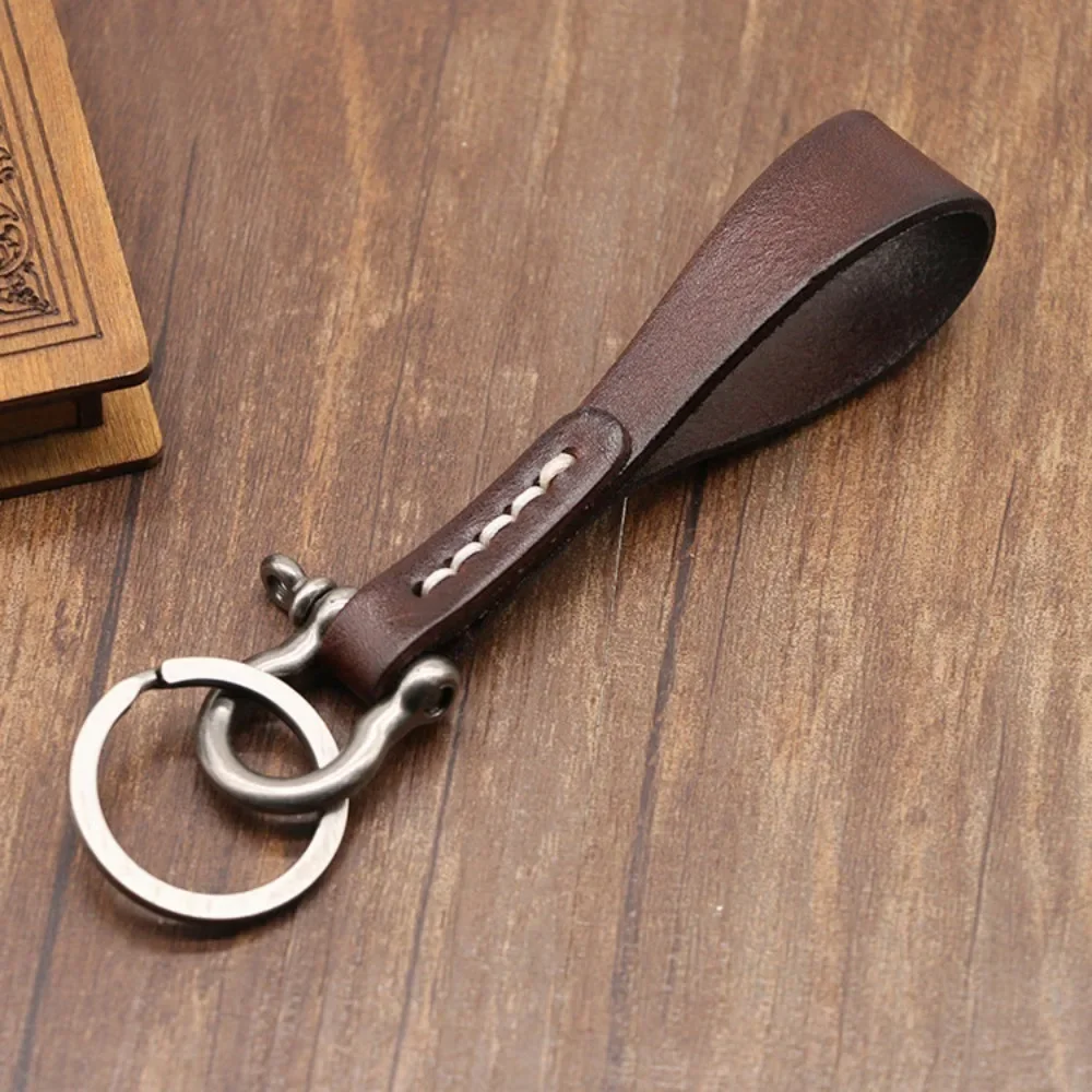 Simple Handmade High Quality Cowhide Keychain Leather Car Key Lanyard Retro Copper Horseshoe Buckle Key Ring Pendant Gift