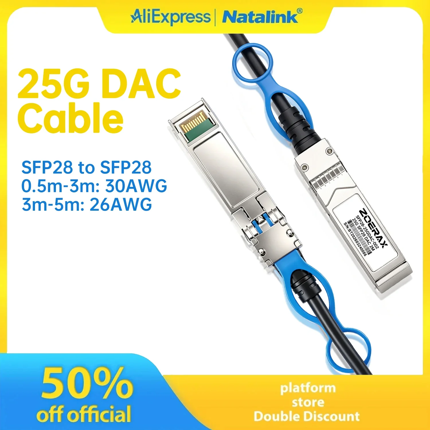 

Natalink 25G DAC SFP28 to SFP28 Direct Attach Copper Twinax Cable MSA Compliant for Switch Server 0.5m-5m