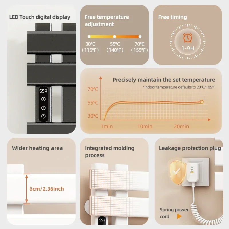 Electric Heated Towel Rail Digital Display Temperature Control Warmers Smart Bathroom Thermal Towel 6063 Aviation Aluminum