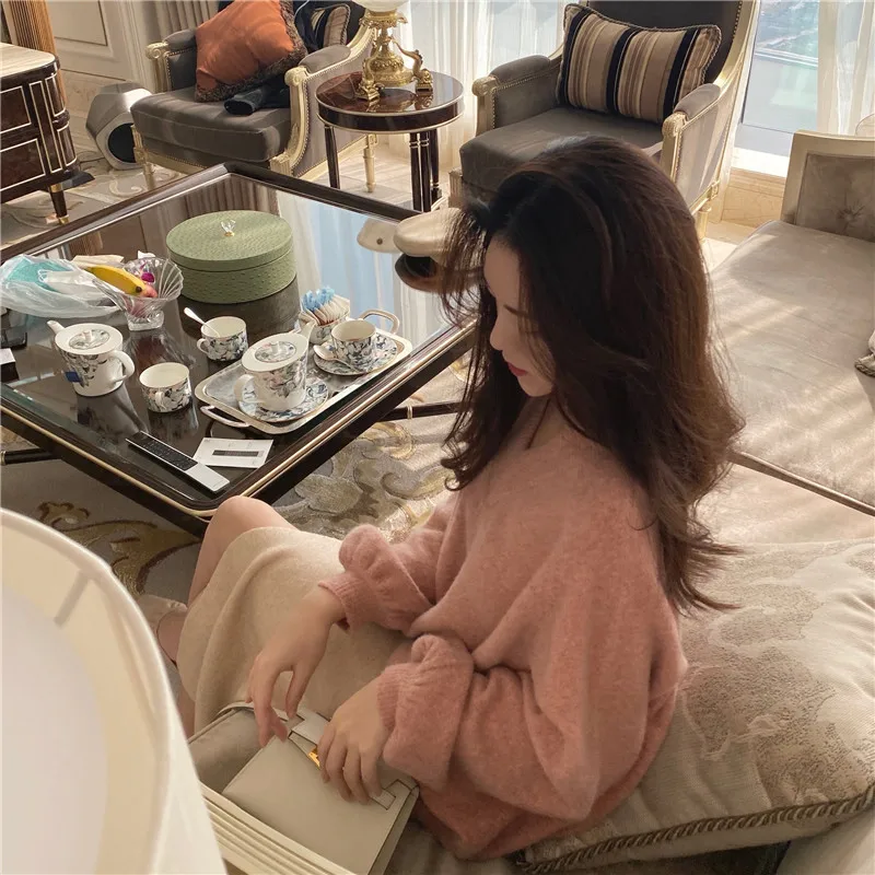 Rouge v-ne tricoté pull femmes Base irt paresseux rétro Sle vêtements intérieurs doux Sle couleur Pure hiver longue Sve coupe régulière