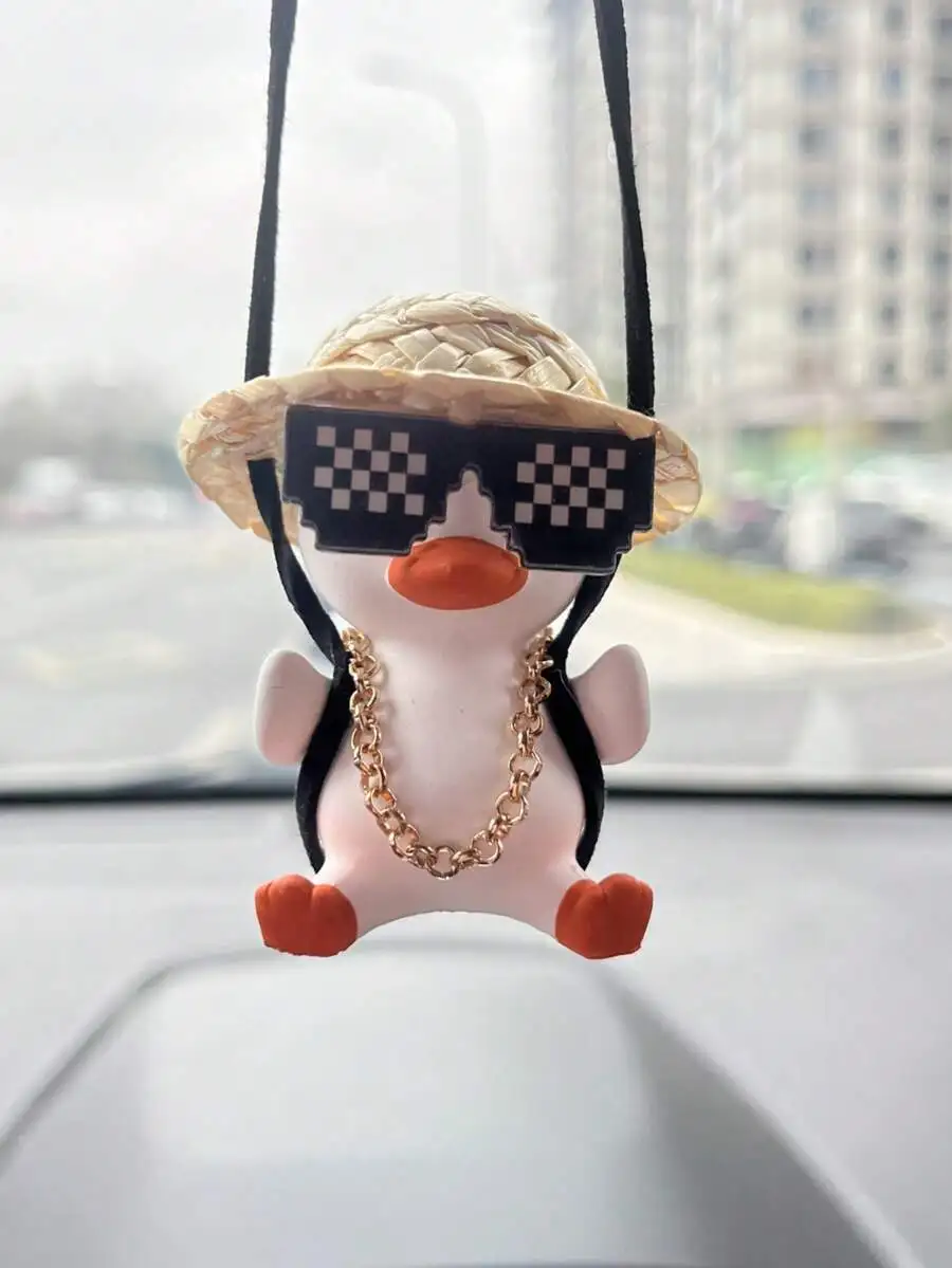 Cartoon Duck Car Rearview Mirror Hanging Ornament With Straw Hat And Pixel Sunglasses