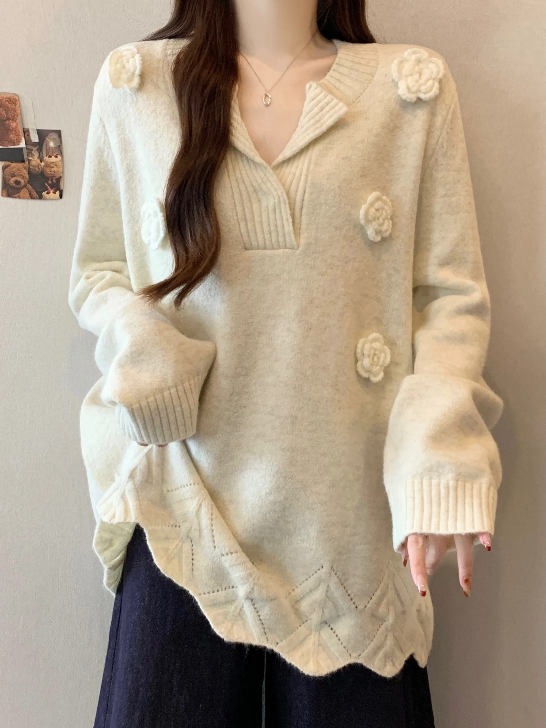 

Loose Knitted Sweater Women's Autumn Winter Large Size Fatter Sister Middle Length Cover Butt Top Floral 3D Decoration French...