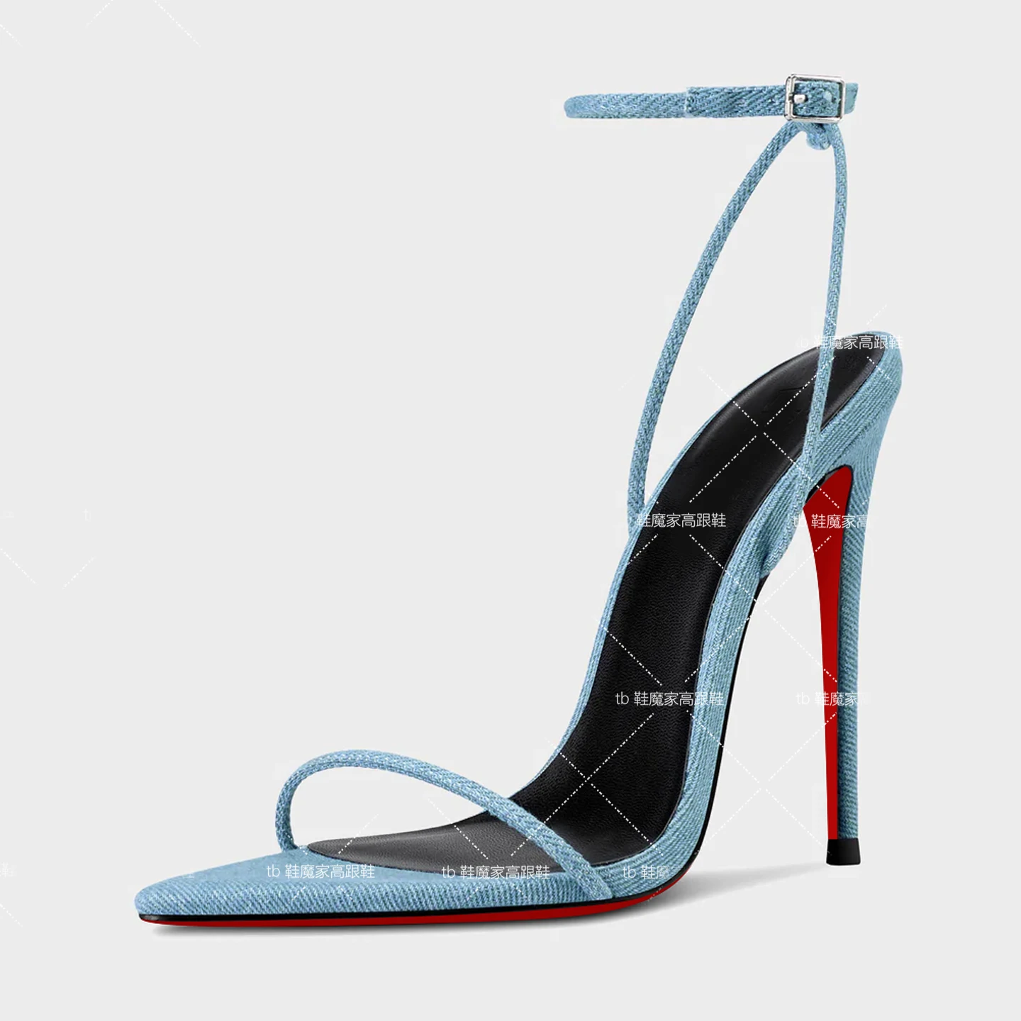 New pointed red-soled high heels with 12cm denim straps for women, 13cm sexy single-strap fashionable versatile women's sandals