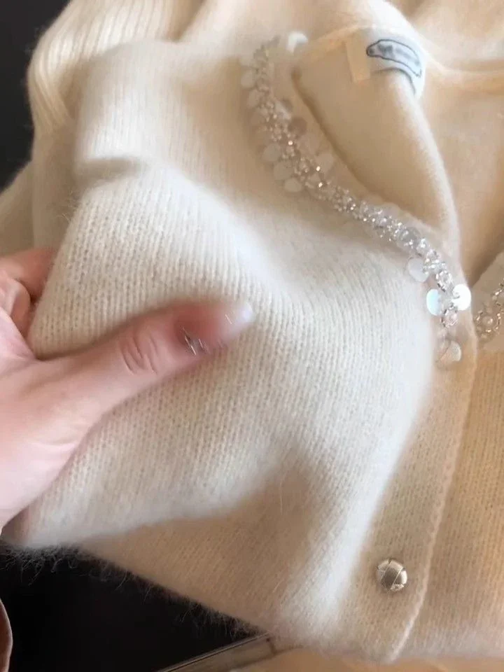 

French Style Beading Sweater Women's New White Single Breasted Round Neck Spring Autumn Long Sleeve Soft Knit Cardigan