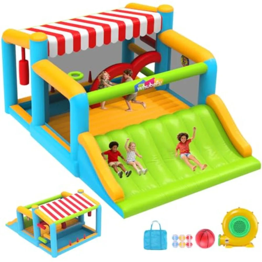 

Надувной батут Whubefy Large Bounce House для детей 8-12 лет, 16x11.5 футов, с надувной полосой препятствий, XXL горкой, зоной для прыжков и водным бассейном