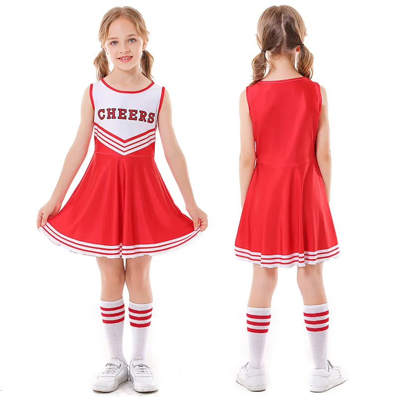 Traje de torcida para crianças da escola, Uniformes Cheerleader para meninas, Cheer Dance Outfits para Halloween, Vestido Cosplay com Meias, Flor