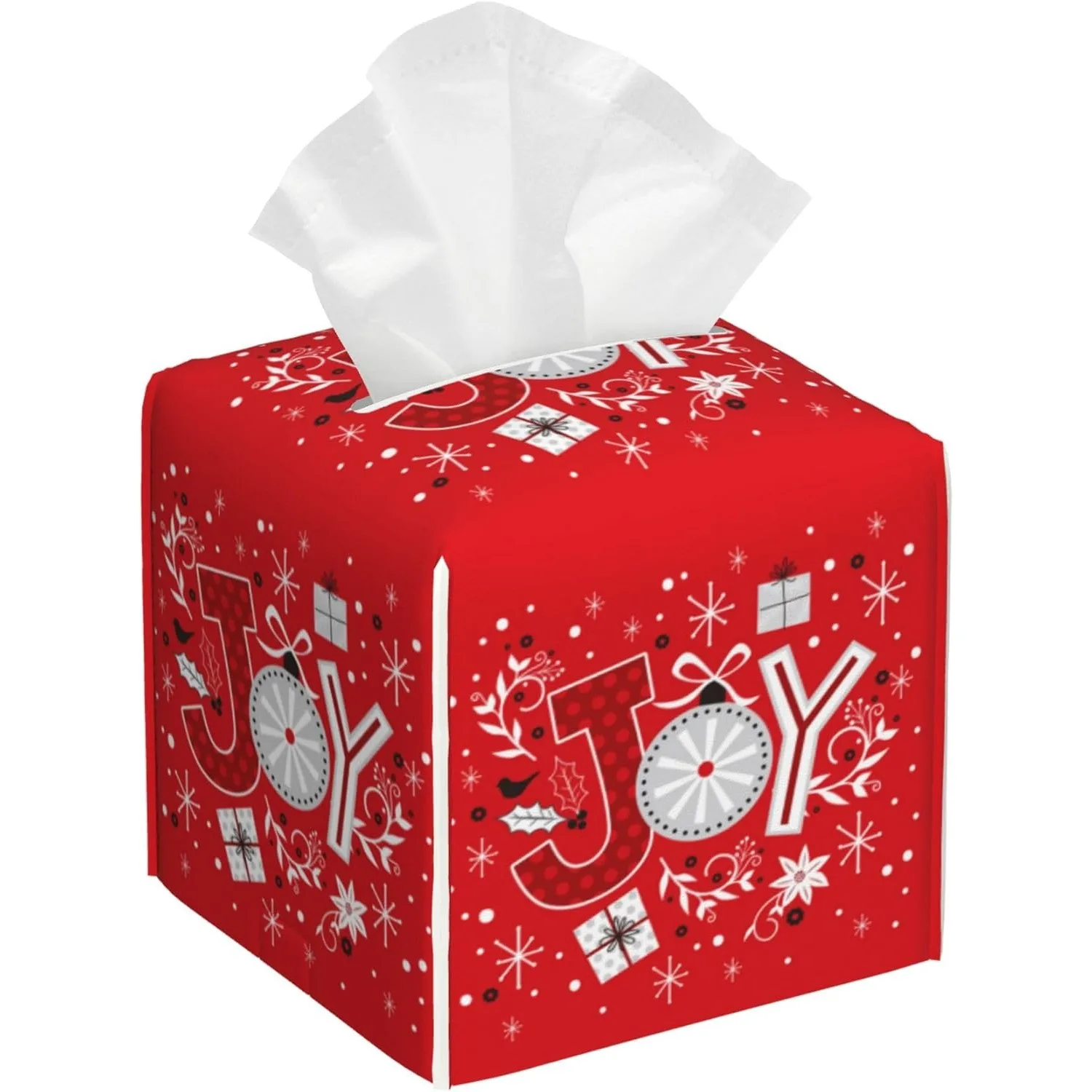 Snowflake Tissue Box Holder Merry Christmas Words Tissue Box Cover Square Leather Tissue Holder Organizer Portable Paper Case