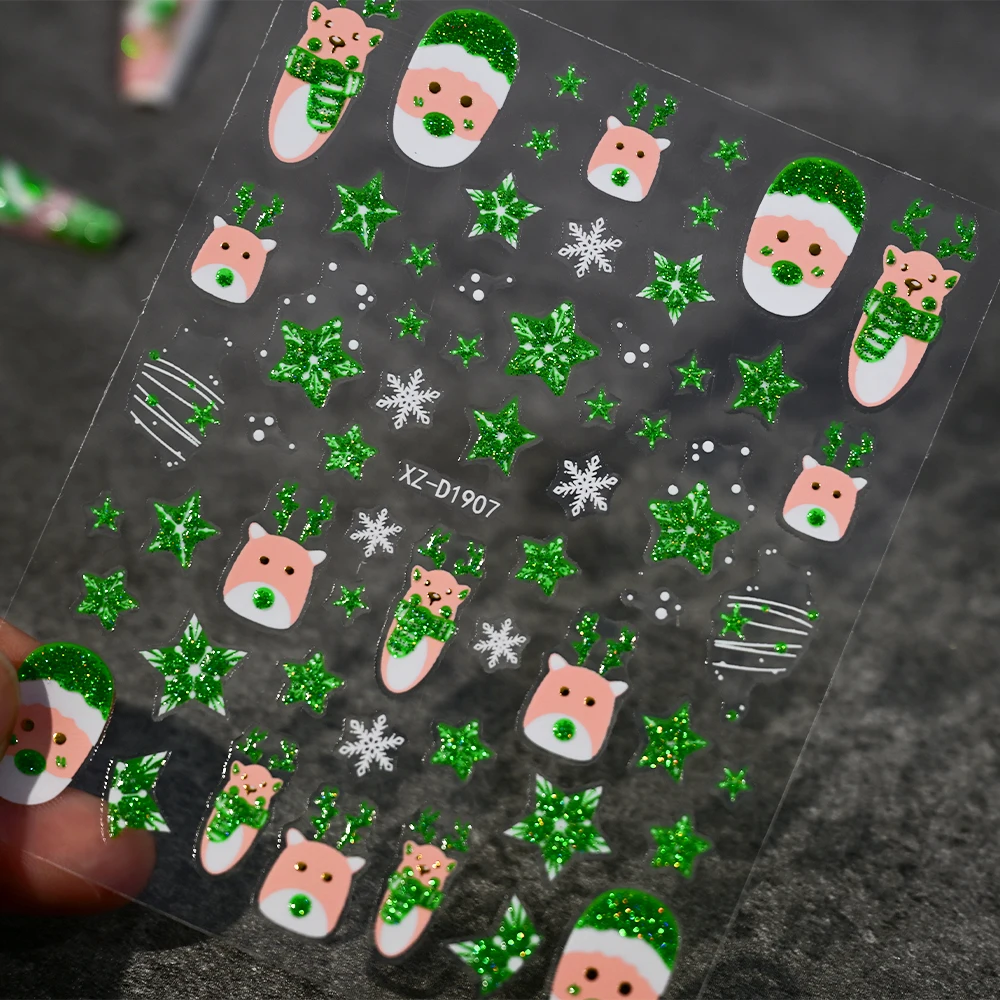 1Pcs 3D Weihnachten Grün Glitter Elch Kiefer Glocke Geschenk Nail art Aufkleber Nette Deer Selbst-klebe Sliders winter Weihnachten Maniküre Aufkleber