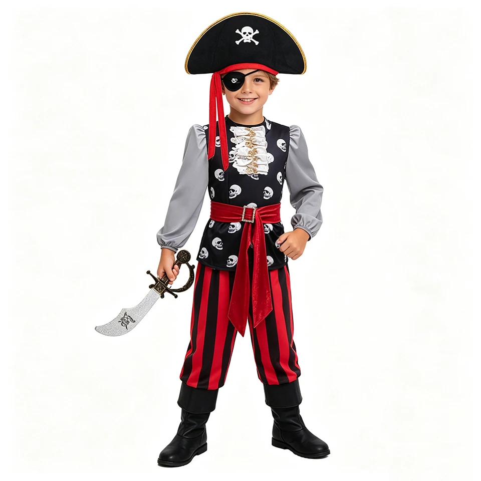 Fantasy Kids Skull Print Captain Pirate Jack Boys Outfits Halloween Cosplay Masquerade Carnival Performance Children's Costume
