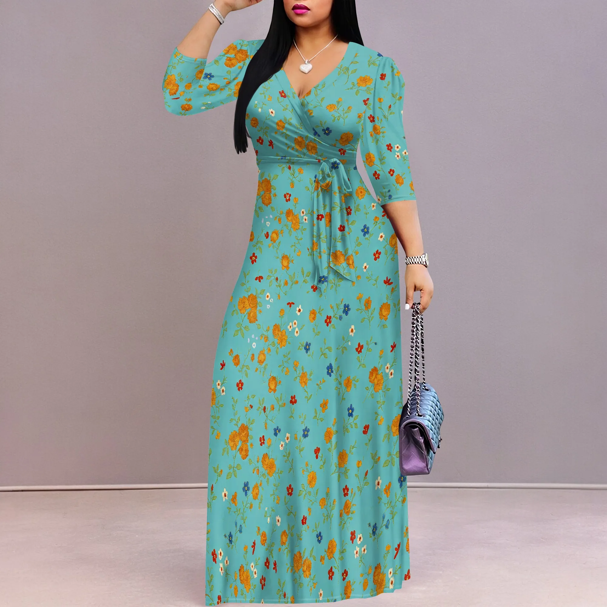 สตรีผีเสื้อพิมพ์ชุดยาว 3/4 Sleeve Wrap V คอลําลอง Flowy Beach Maxi Dresses พร้อมเข็มขัด