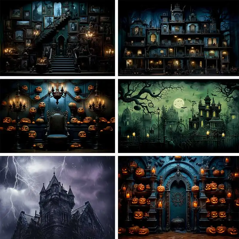 

Happy Halloween Cosplay Party Backdrops Children Kids Birthday Photography Cake Smash Old Castle Background Photo Shoot Studio