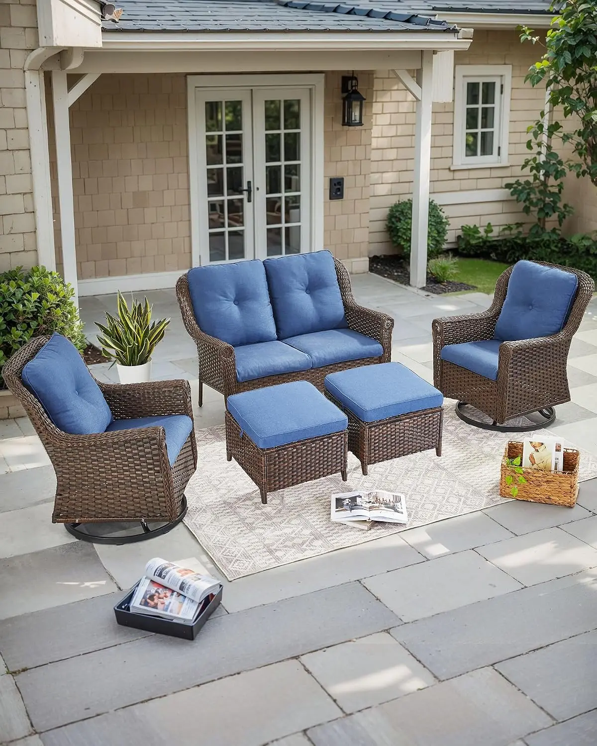 Patio Ottoman Wicker Side Table 2PCS Heavy Duty All-Weather Rattan Seating Bench Footrest Garden Porch, Customized
