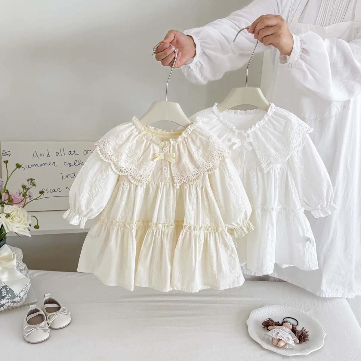 Baby Girl Lace Ruffle Collar Dress Spring Autumn Long Sleeve Embroidered Loose Dress Little Kids Princess Dress Baby Photo Shoot Dress