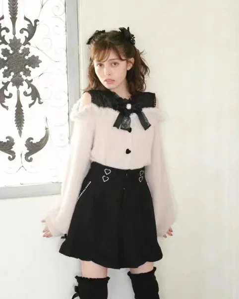 Single-Breasted Cardigan Sweater Japanese-Style Autumn Winter Sweet Woolen Off-Shoulder Lace Long Sleeve Short Knitwear