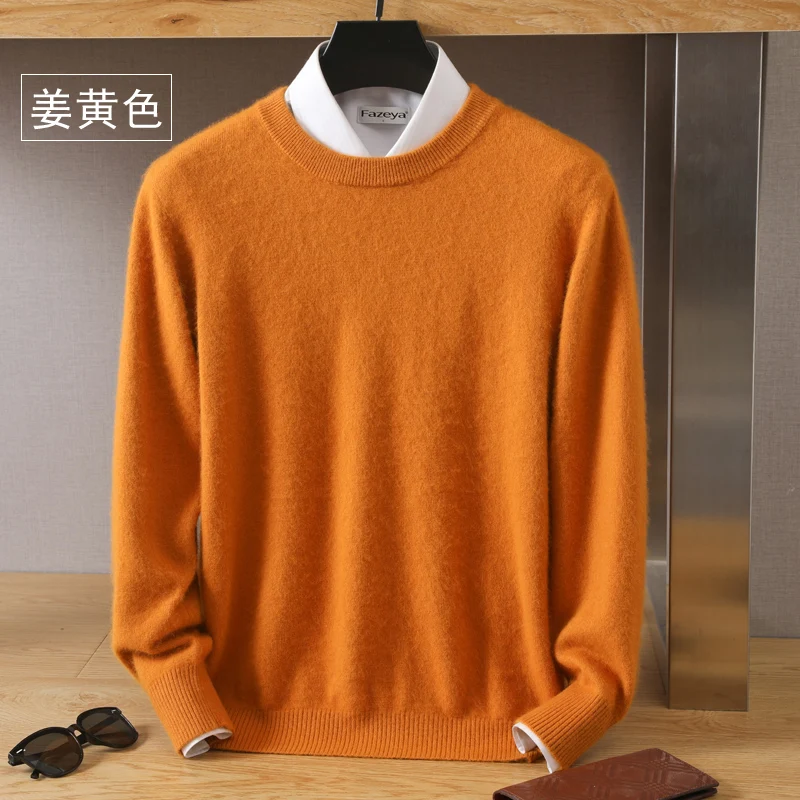 ผู้ชายขนสัตว์รอบคอ Pullover 100% Pure Mink Cashmere ถักขนาดใหญ่ฤดูใบไม้ร่วงฤดูหนาวใหม่แฟชั่นแขนยาว highend