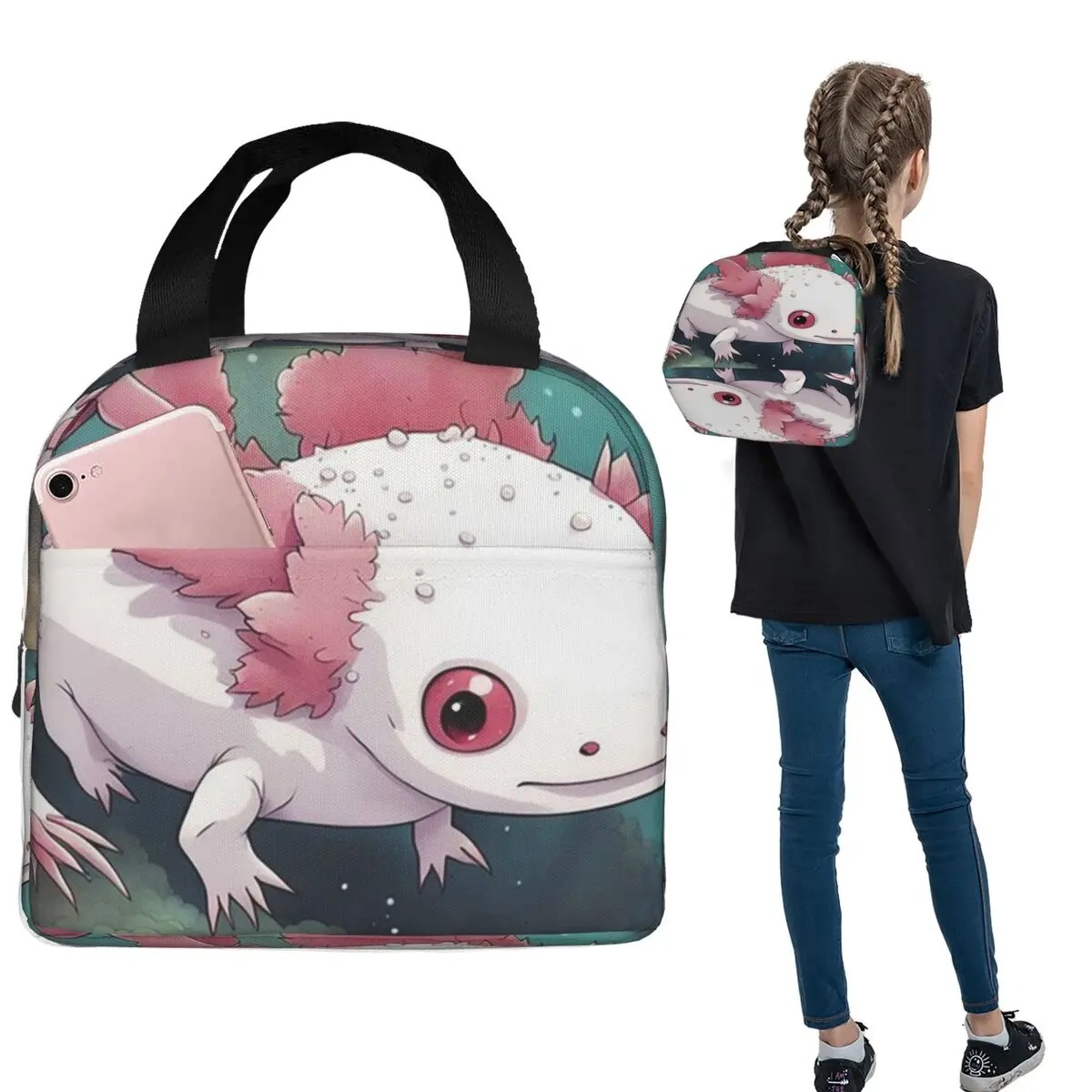 

Cute Cartoon Axolotl In Coral Reef Insulated Lunch Bag for Women Kids Portable Food Boxes Thermal Lunch Box Tote