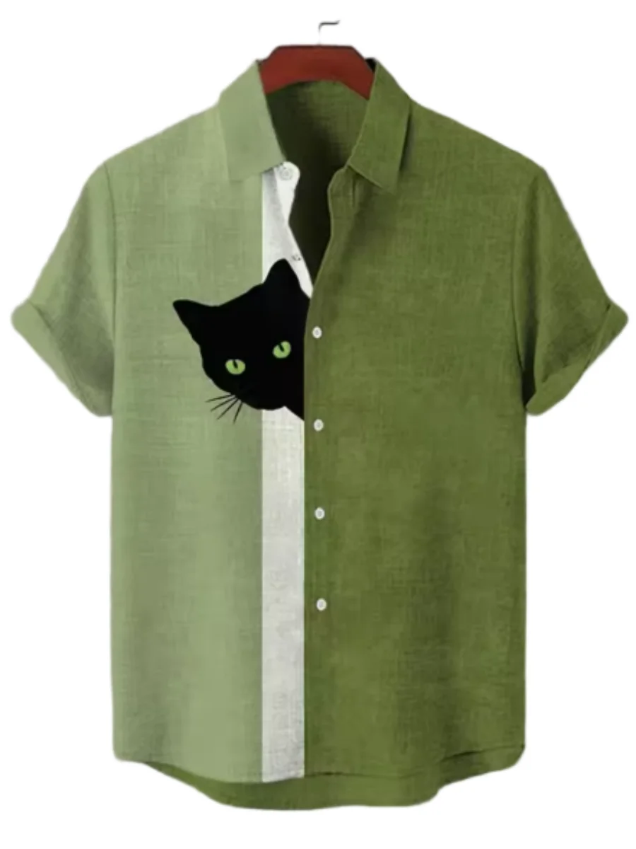 

Cat men's linen short sleeved shirt, digital printing, casual and comfortable, fashionable and trendy, street outdoor